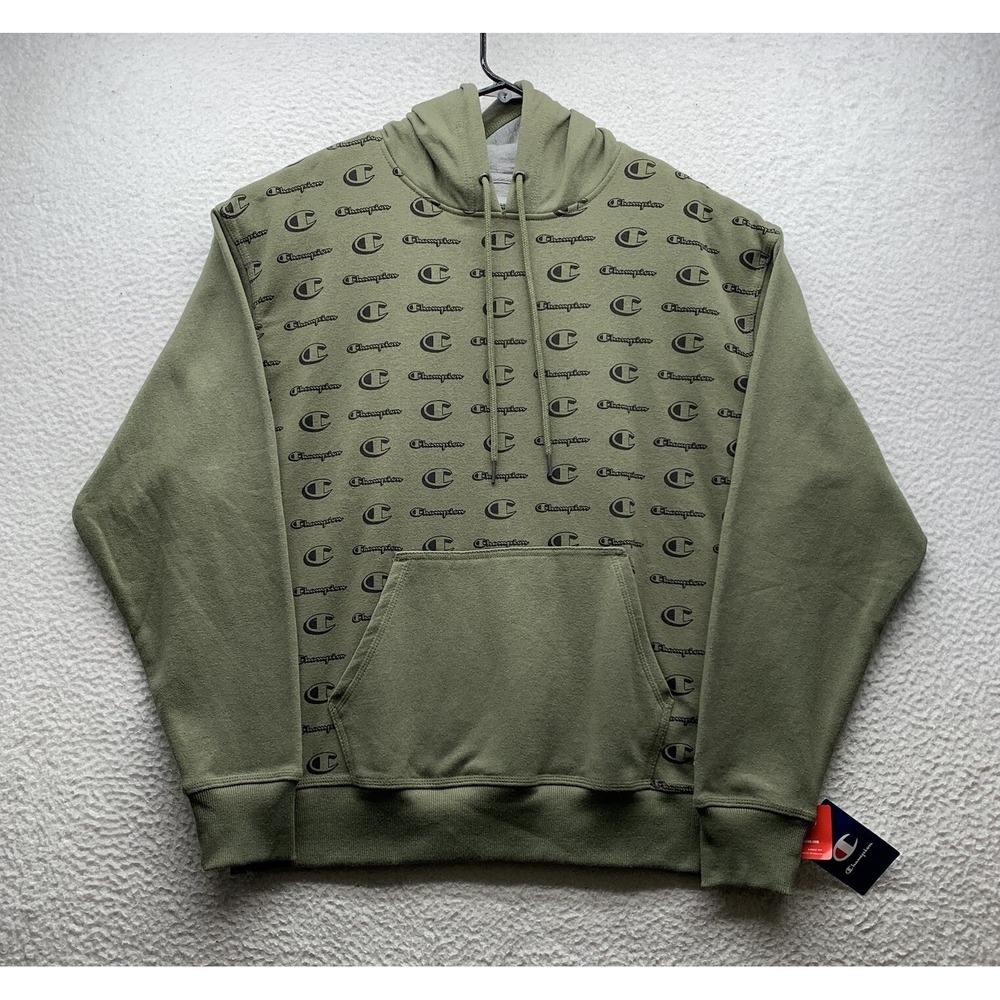 Champion Hoodie Mens Large L Green All Over Print AOP Powerblend Sweatshirt Dad